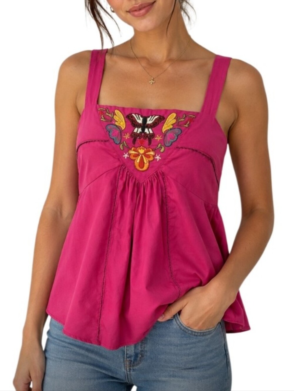 ECO-GANIK( Anthropologie) pink top Embroidered sz 4/S 100% Cotton
